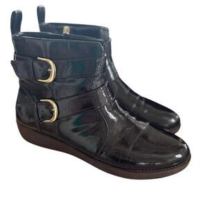 Fitflop Laila Double Buckle Patent Leather "Berry" Dark Purple Brown Ankle Boots